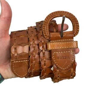 Fossil Brown Genuine Leather Braided Look Pieced Belt Adjustable Leather Buckle